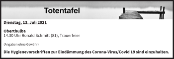 Anzeige von Totentafel vom 13.07.2021 von MGO