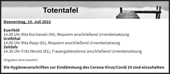 Anzeige von Totentafel vom 15.07.2021 von MGO