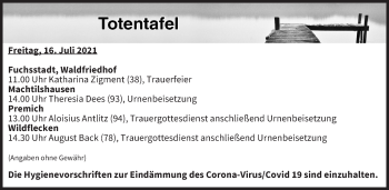 Anzeige von Totentafel vom 16.07.2021 von MGO