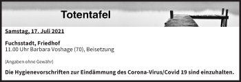 Anzeige von Totentafel vom 17.07.2021 von MGO