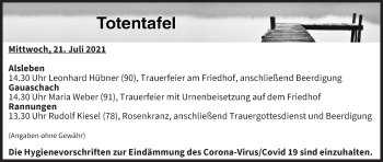 Anzeige von Totentafel vom 21.07.2021 von MGO