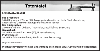 Anzeige von Totentafel vom 23.07.2021 von MGO