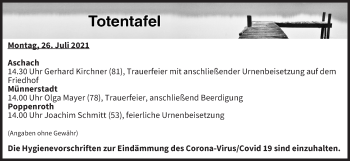 Anzeige von Totentafel vom 26.07.2021 von MGO