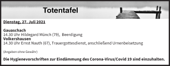 Anzeige von Totentafel vom 27.07.2021 von MGO