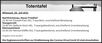 Anzeige von Totentafel vom 28.07.2021 von MGO