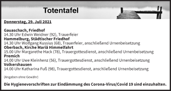 Anzeige von Totentafel vom 29.07.2021 von MGO