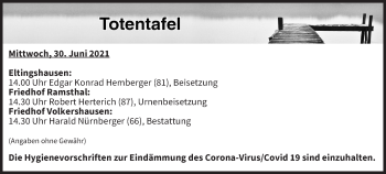 Anzeige von Totentafel vom 30.06.2021 von MGO