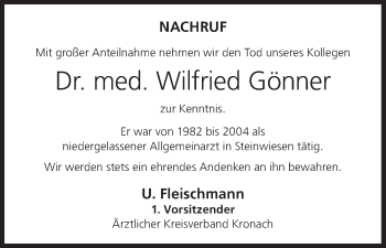 Anzeige von Wilfried Gönner von MGO