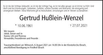 Anzeige von Gertrud Hußlein-Wenzel von MGO