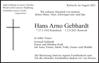 Anzeige von Hans Arno Gebhardt von MGO