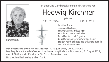Anzeige von Hedwig Kirchner von MGO