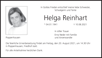 Anzeige von Helga Reinhart von MGO