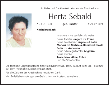 Anzeige von Herta Sebald von MGO