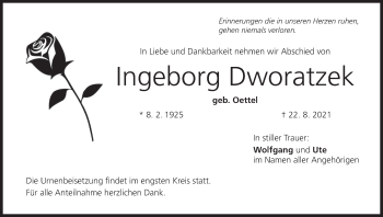 Anzeige von Ingeborg Dworatzek von MGO