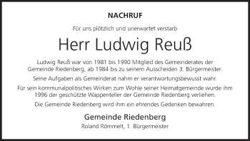 Anzeige von Ludwig Reuß von MGO