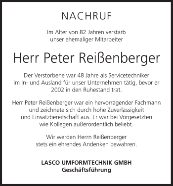 Anzeige von Peter Reißenberger von MGO