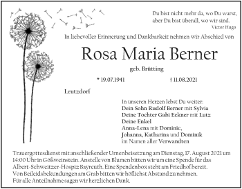 Anzeige von Rosa Maria Berner von MGO