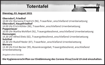 Anzeige von Totentafel vom 03.08.2021 von MGO