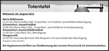 Anzeige von Totentafel vom 04.08.2021 von MGO