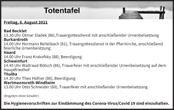 Anzeige von Totentafel vom 06.08.2021 von MGO