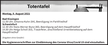 Anzeige von Totentafel vom 09.08.2021 von MGO