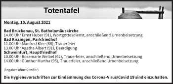 Anzeige von Totentafel vom 10.08.2021 von MGO