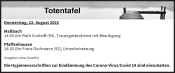 Anzeige von Totentafel vom 12.08.2021 von MGO