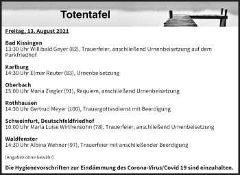 Anzeige von Totentafel vom 13.08.2021 von MGO