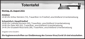Anzeige von Totentafel vom 16.08.2021 von MGO