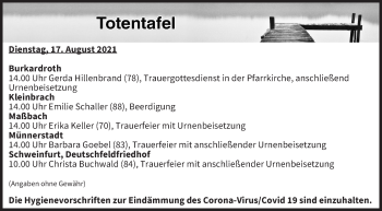 Anzeige von Totentafel vom 17.08.2021 von MGO