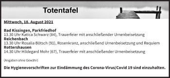 Anzeige von Totentafel vom 18.08.2021 von MGO