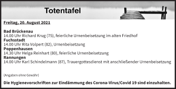Anzeige von Totentafel vom 20.08.2021 von MGO