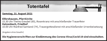 Anzeige von Totentafel vom 21.08.2021 von MGO