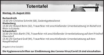 Anzeige von Totentafel vom 23.08.2021 von MGO