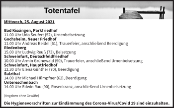 Anzeige von Totentafel vom 25.08.2021 von MGO