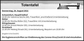 Anzeige von Totentafel vom 26.08.2021 von MGO