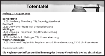 Anzeige von Totentafel vom 27.08.2021 von MGO