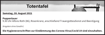 Anzeige von Totentafel vom 28.08.2021 von MGO