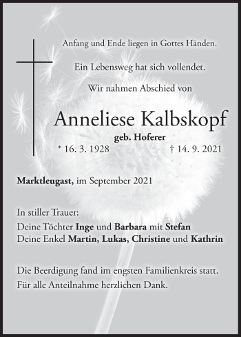 Anzeige von Anneliese Kalbskopf von MGO