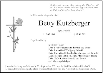 Anzeige von Betty Kutzberger von MGO
