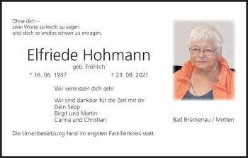 Anzeige von Elfriede Hohmann von MGO