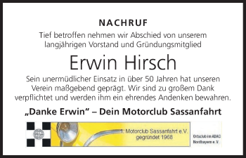 Anzeige von Erwin Hirsch von MGO