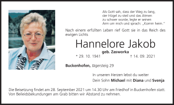 Anzeige von Hannelore Jakob von MGO
