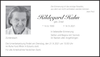 Anzeige von Hildegard Hahn von MGO