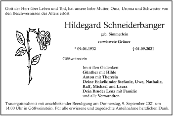 Anzeige von Hildegard Schneiderbanger von MGO