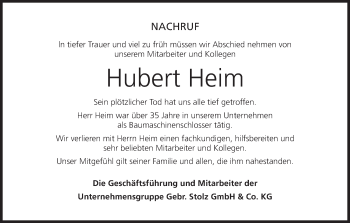Anzeige von Hubert Heim von MGO