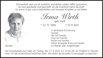 Anzeige von Irma Wirth von MGO
