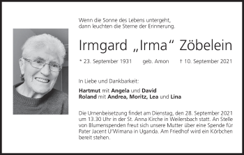 Anzeige von Irmgard Zöbelein von MGO