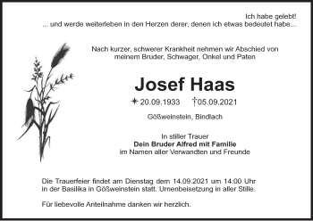 Anzeige von Josef Haas von MGO