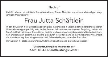 Anzeige von Jutta Schäftlein von MGO
